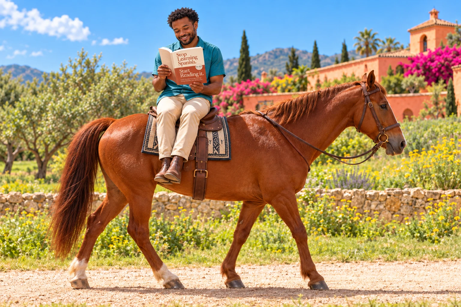 A man absorbed in the Intermediate Spanish book while seated sideways on a horse